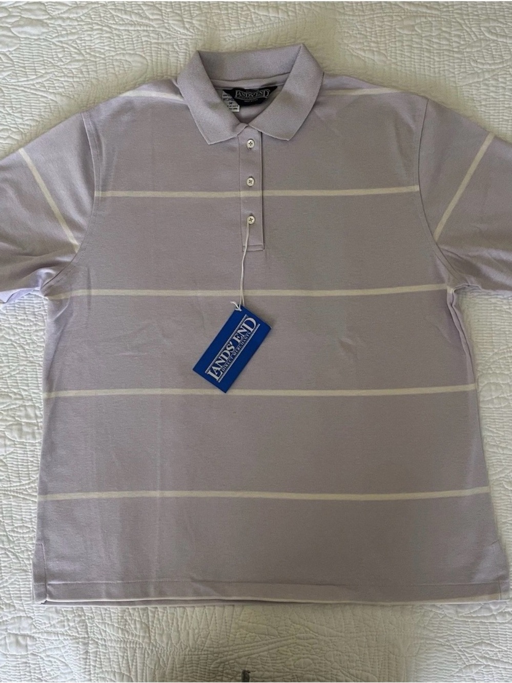 Lands' End Lavender Short Sleeve Polo with White Stripes Sz M